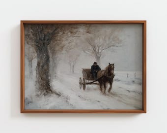 Horse and Carriage in Snow Painting, Impressionist Winter Landscape, Nostalgic Old Man Art Print, Neutral Earthy Tones, Digital Download