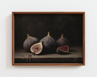 May include: A framed still life print featuring several ripe figs. Three whole figs and two fig halves are arranged on a wooden surface. The figs are a deep purple color with a light interior. The frame is a warm brown.