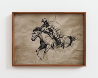 Hand-Drawn Cowboy on Horse Sketch, Minimalist Western Wall Art, Rustic Ranch Decor, Textured Paper Drawing Print, Printable Artwork
