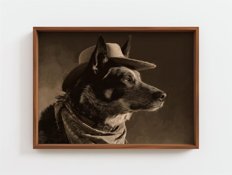May include: Sepia-toned framed print of a dog wearing a cowboy hat and a patterned scarf. The dog is a medium-sized breed with dark fur and a focused gaze, set against a blurred background.