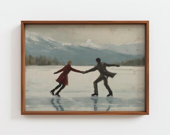Ice Skating Couple Painting, Vintage Romantic Winter Art, Couple on Lake Print, Anniversary Gift, Moody Mountain Scenery, Digital Download