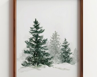 Snowy Pine Tree Watercolor Print, Minimalist Winter Forest, Vintage Green Holiday Art, Simple Scandi Wall Decor, Digital Illustration