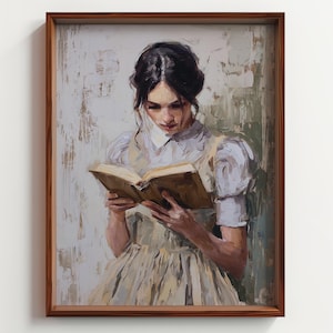 Vintage Frau lesen Porträt, dunkle Academia schwermütige Ölgemälde, romantische Bücherwurm Wandkunst, nostalgische Mädchen im Kleid, digitaler Download