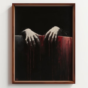 Macabre Coffin Hands Oil Painting, Gothic Horror Wall Art Print, Eerie Vampire Decor, Dark Academia Oddity, Hyperrealistic Spooky Art