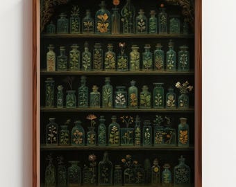 Dark Academia Apothecary Shelf Painting, Moody Still Life Art, Witchy Potion Bottles Print, Enchanted Library Decor, Printable Wall Art