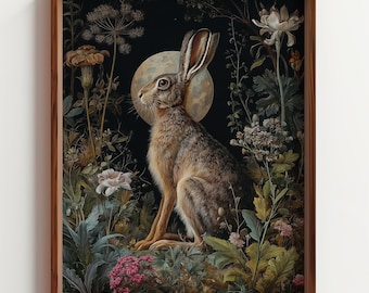 Elegant Hare in Moonlight Oil Painting, Rococo Animal Wall Art, Whimsigoth Rabbit Print, Dark Botanical Decor, Vintage Night Scene