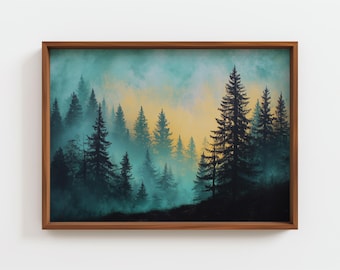 Pode incluir: Uma impressão de arte emoldurada com uma paisagem florestal. A obra mostra árvores altas e escuras de folha perene contra um fundo de tons de azul-petróleo e amarelo, criando um efeito nebuloso e atmosférico. A moldura é de madeira.