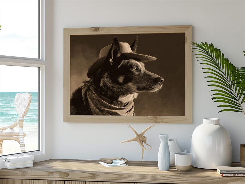 May include: Sepia-toned framed print of a dog wearing a cowboy hat and bandana. The dog is a medium-sized breed with dark fur, and the artwork is displayed on a wooden surface with decorative items.