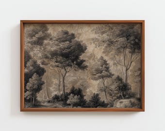 Vintage Forest Pencil Drawing, Detailed Woodland Sketch, Dark Academia Landscape, Rustic Nature Print, Old Paper Texture Art, Digital