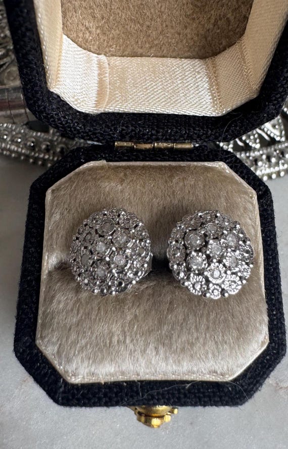 Silver Diamond Round Button Earrings