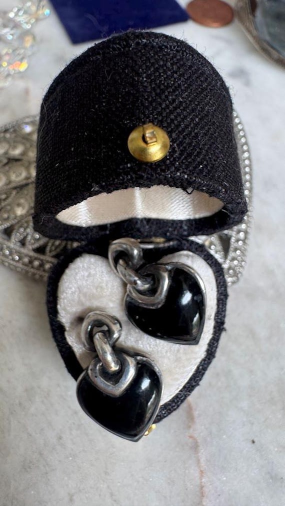Vintage Silver Black Onyx Heart Earrings
