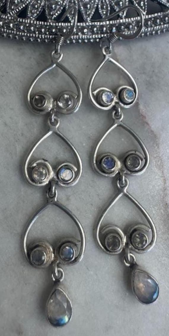 Vintage Silver Moonstone Dangle Heart Earrings