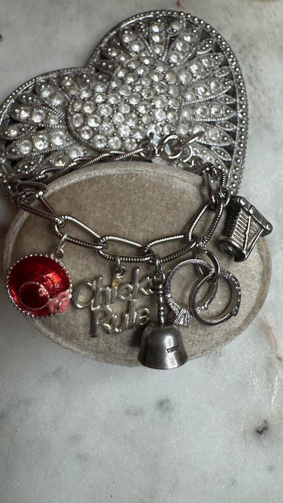 Vintage Silver Oval Link Charm Bracelet with Lady Charms