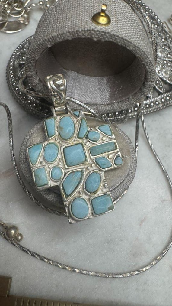 Silver Vintage Larimar Cross Pendant Necklace