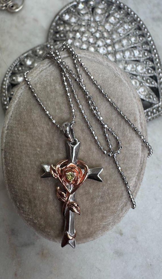 Vintage Silver Cross Rose Pendant Necklace