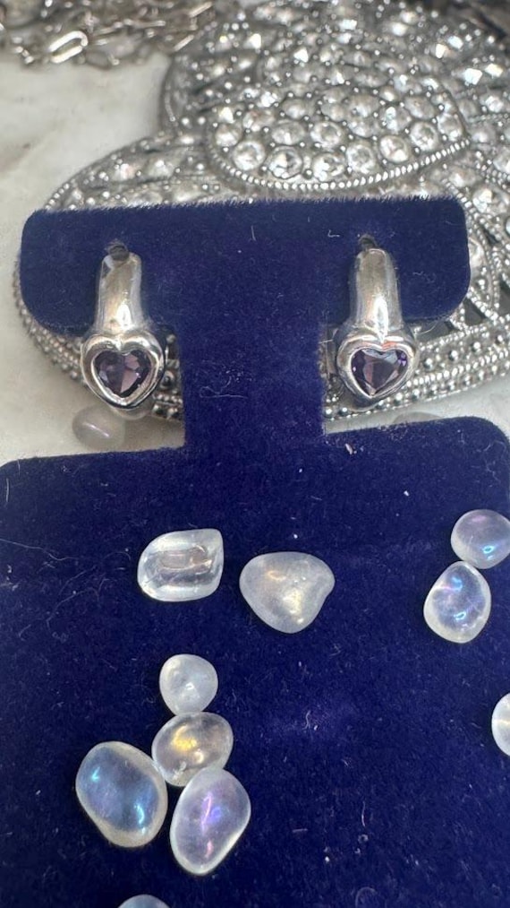 Vintage Silver Amethyst Heart Hoop Earrings