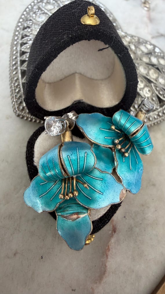 Vintage Silver Gold Plated Blue Enamel Petal Jacket Earrings with CZ stud