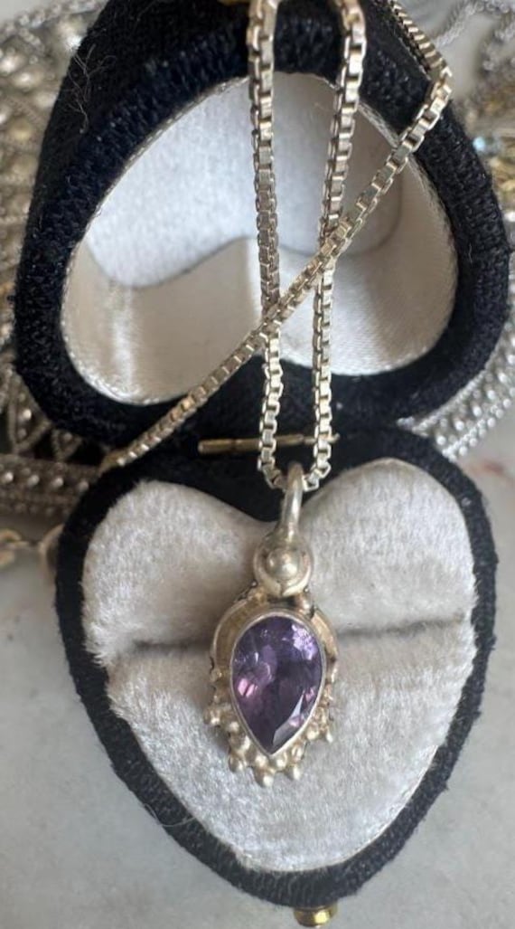 Vintage Silver Pear Amethyst Pendant Necklace