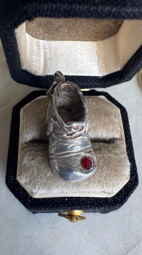 Vintage Silver Synthetic Ruby Baby Shoe Charm