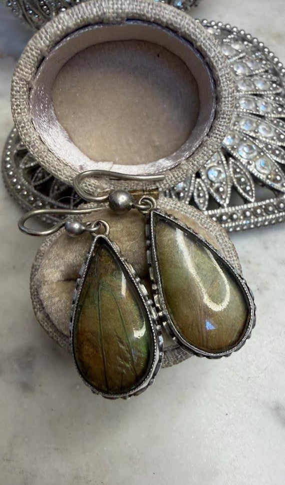 Vintage 800 Silver Butterfly Wing Teardrop Earrings – Iridescent Nature Dangle Jewelry