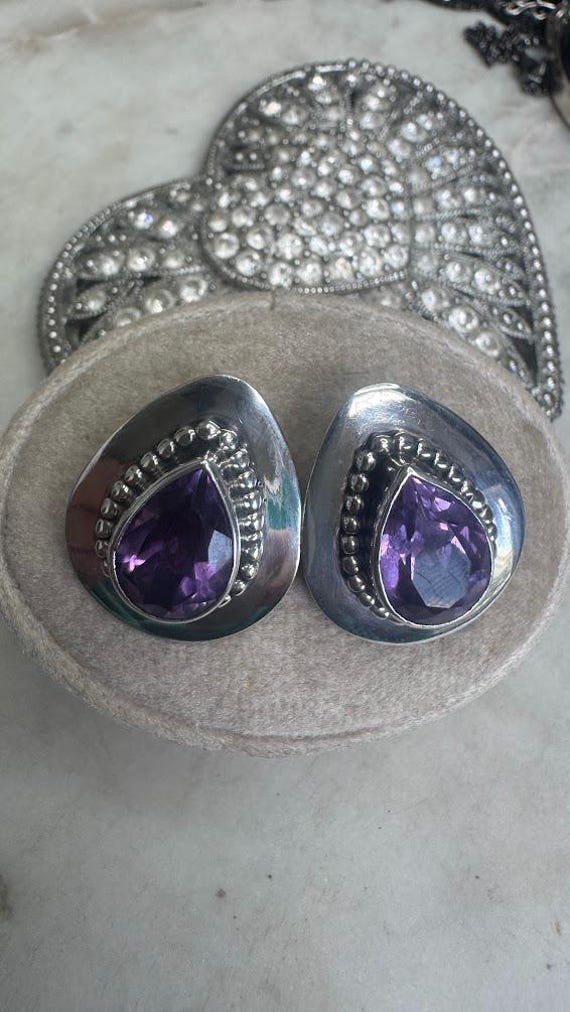 Vintage Silver Pear Shaped Amethyst Earrings