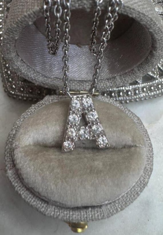 Vintage Silver Cubic Zirconia "A" Initial Pendant Necklace