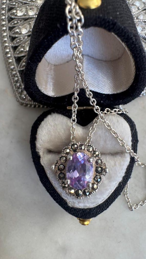Vintage Silver Amethyst Marcasite Pendant Necklace