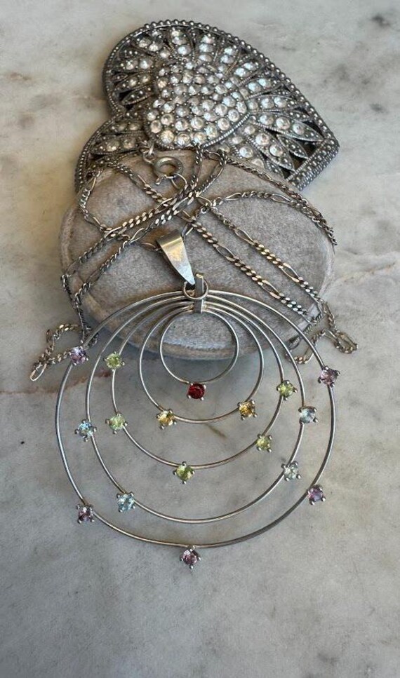 Vintage Silver Multi Gemstone Pendant Figaro Chain