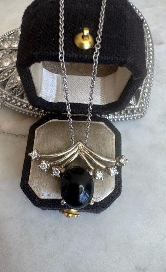 Vintage White Gold Black Onyx & Diamond Pendant Necklace
