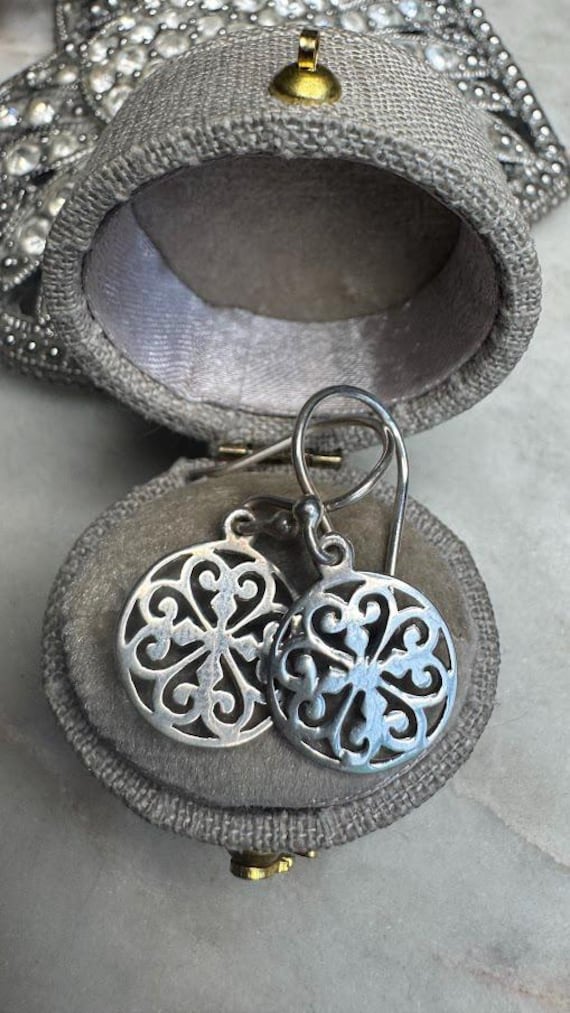 Vintage Silver Small Round Filigree Dangle Earrings