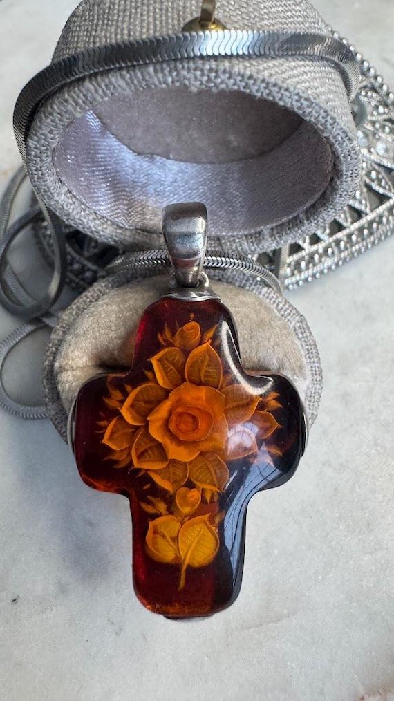 Vintage Silver Rare Amber Carved Floral Cross Pendant Necklace