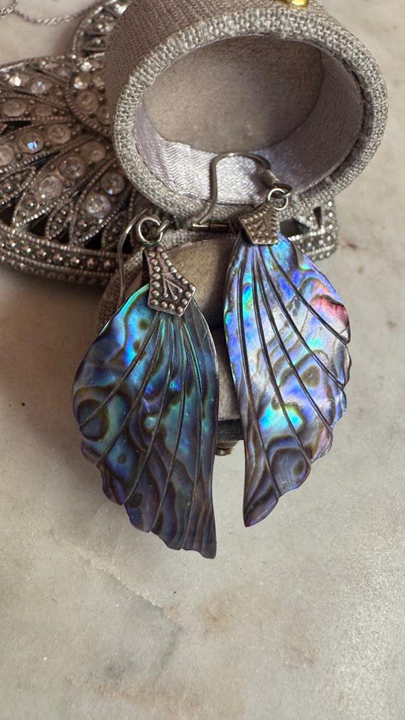 Vintage Silver Abalone Angel Wing Earrings