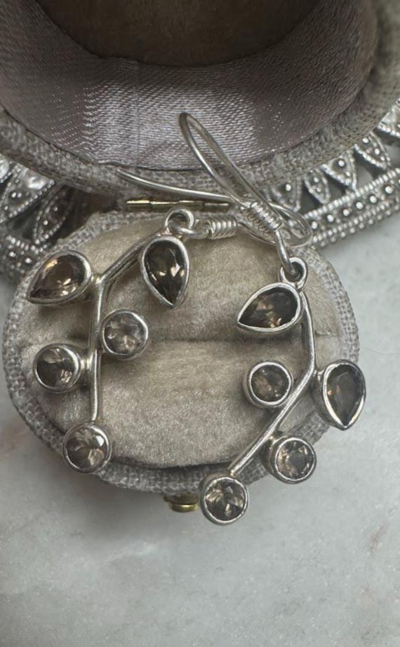 Vintage Silver Smokey Quartz Leaf Dangle Earrings