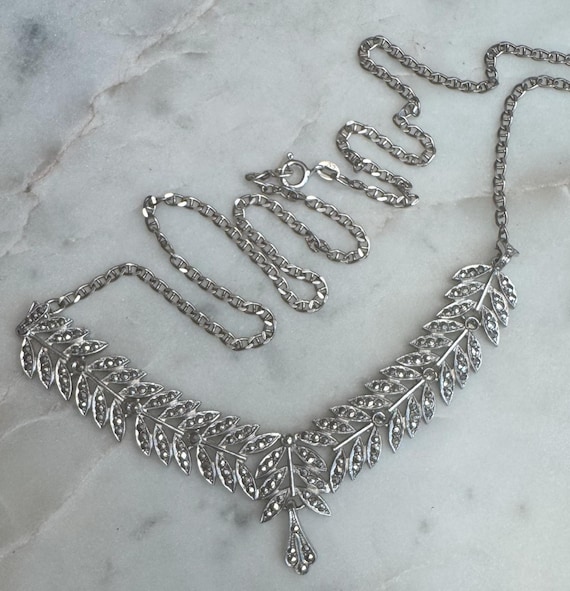 Silver Leaf Design Necklace Embellished with Silver Stones