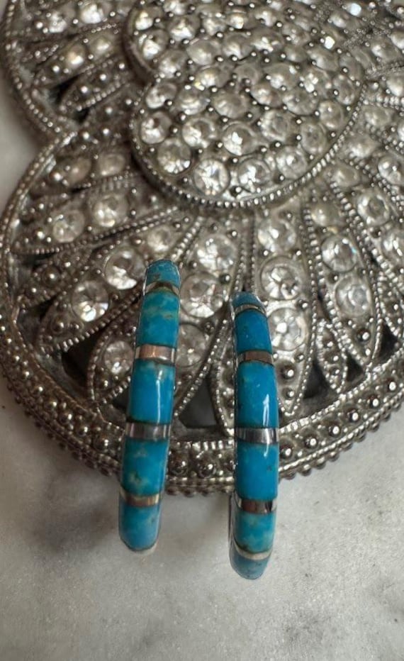 Vintage Silver Inlaid Turquoise Semi Hoop Earrings