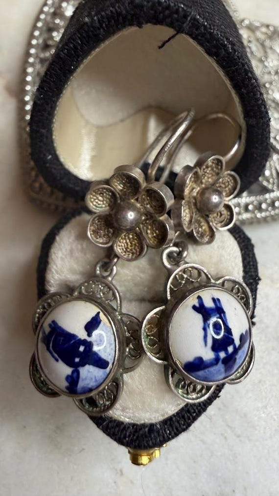 Vintage Silver Delft Dutch Holland Dangle Earrings