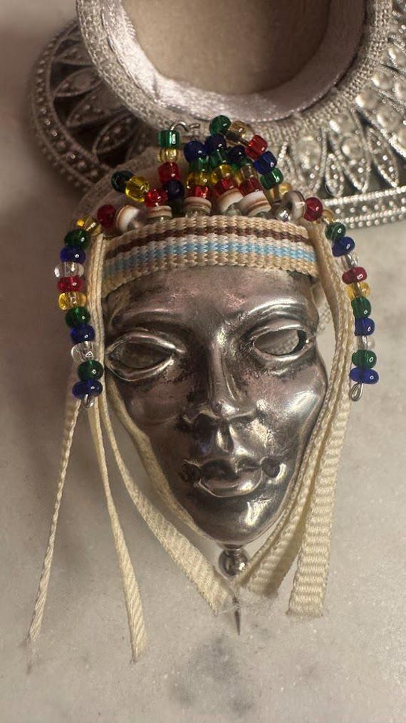 Vintage Silver Rare Lady Mask Brooch