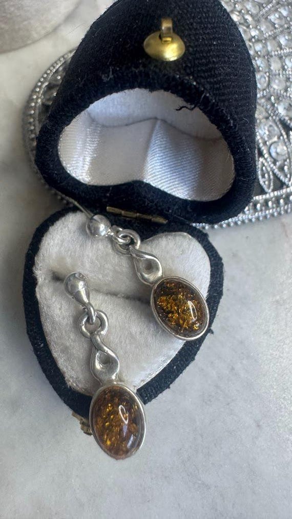 Vintage Antique Silver Amber Dangle Earrings