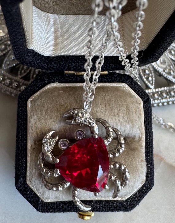 Vintage Silver Red Crab CZ Pendant Necklace