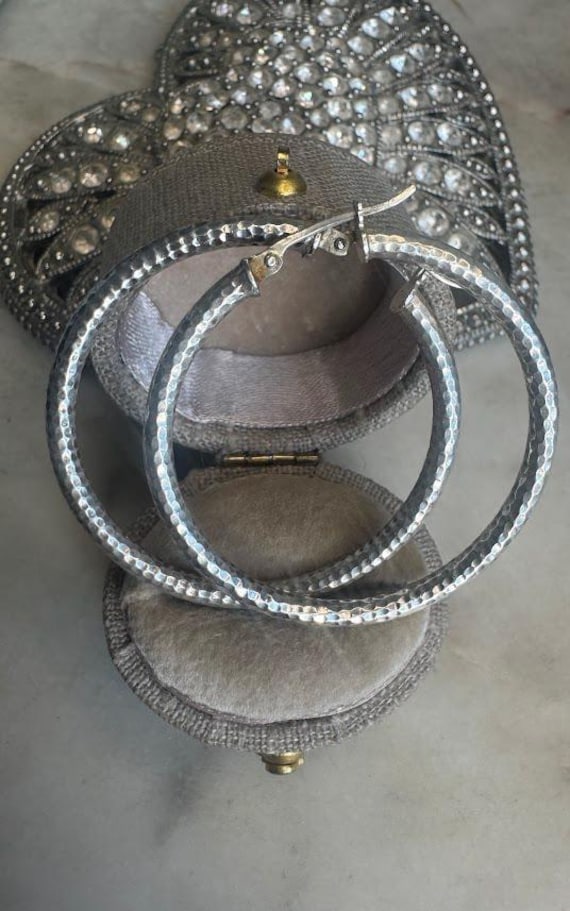Vintage Silver Hammered Finish Hoop Earrings