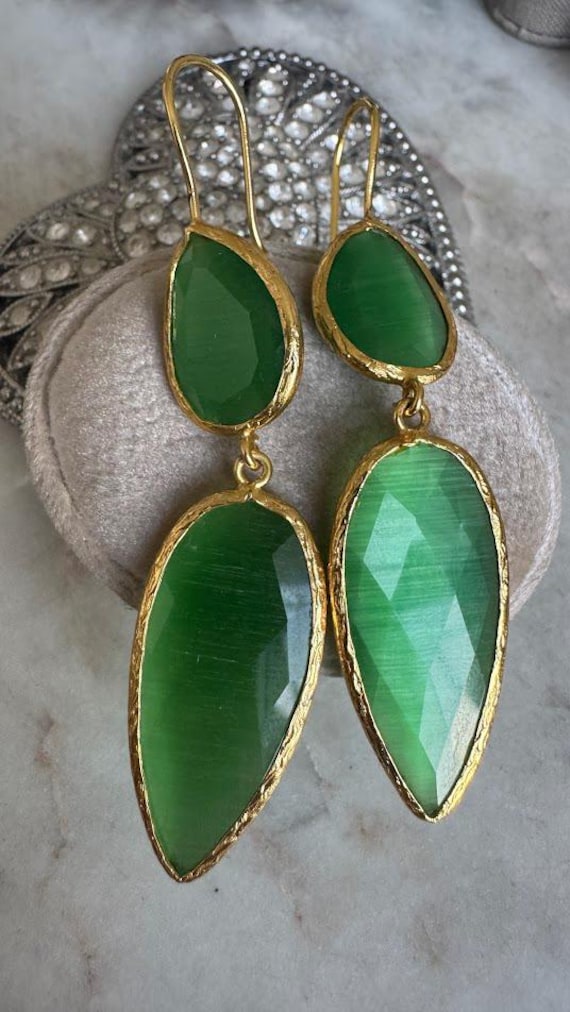 Vintage Gold Plated Green Crystal Earrings
