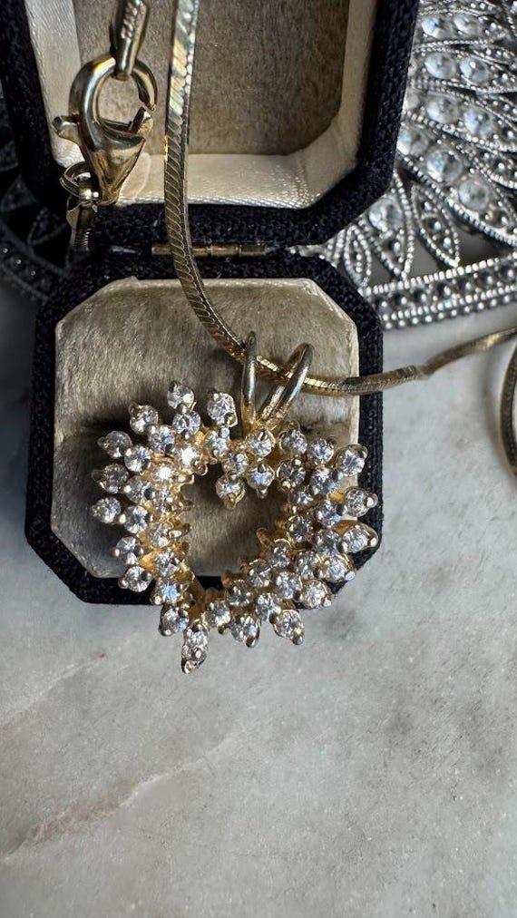 Vintage Silver Gold Plated CZ Heart Pendant on Snake Chain