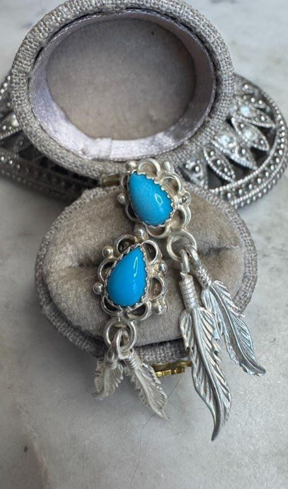Vintage Silver Running Bear Turquoise Feather Earrings