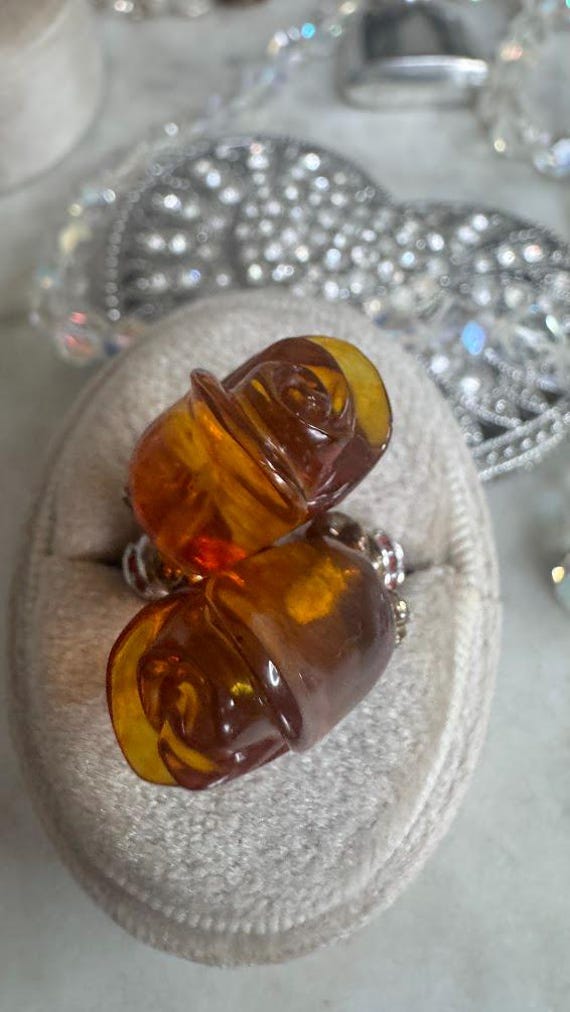 Vintage Silver Michael Valitutti Carved Amber Cocktail Ring