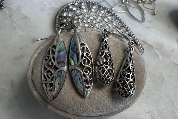 Vintage Silver Filigree Abalone Earrings Pair