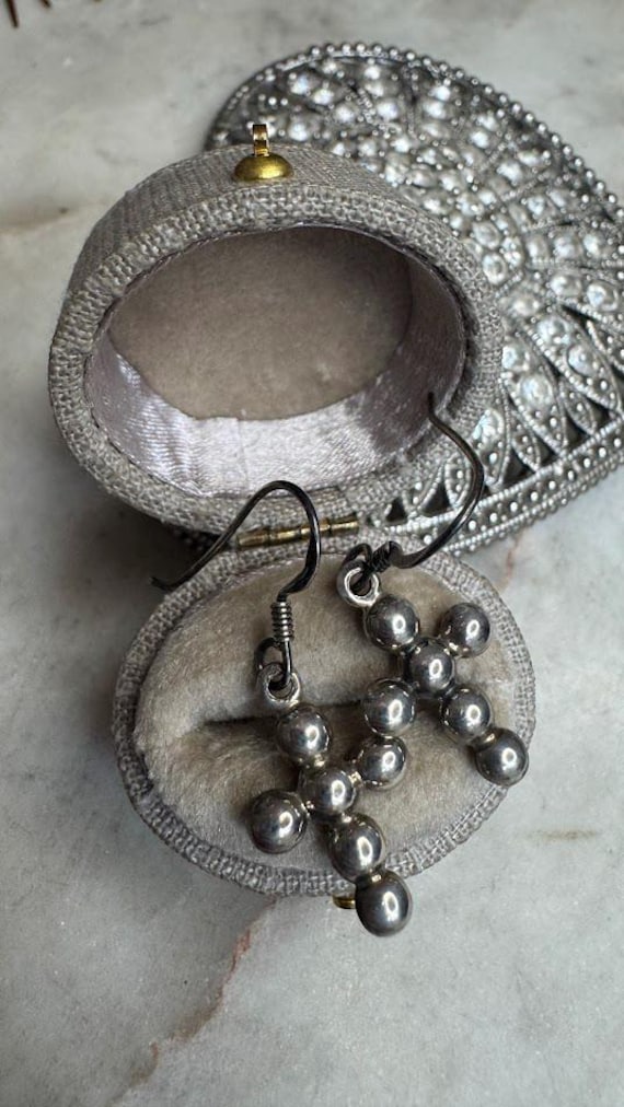 Vintage Silver Beaded Cross Dangle Earrings