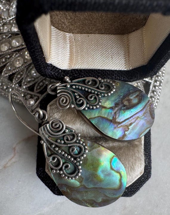 Vintage Silver Abalone Tear Drop Earrings