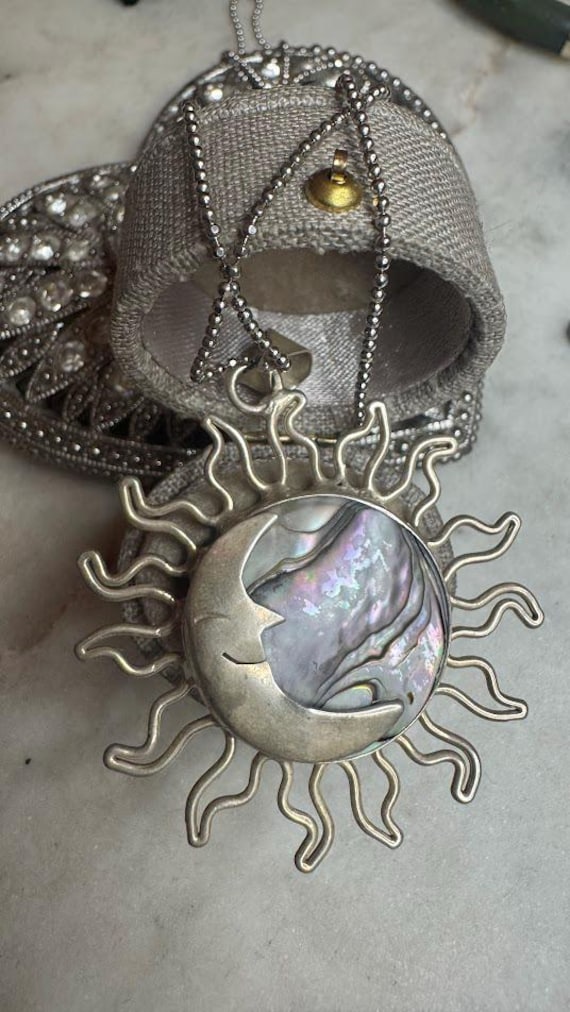 Vintage Silver Abalone Moon & Sunburst Pendant Necklace