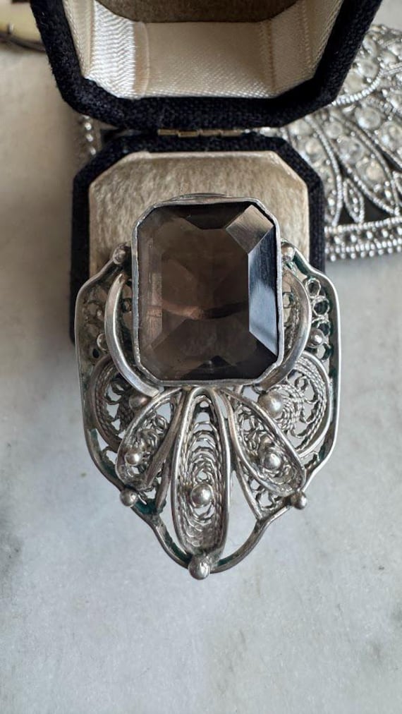 Vintage Silver Filigree Smokey Quartz Ring