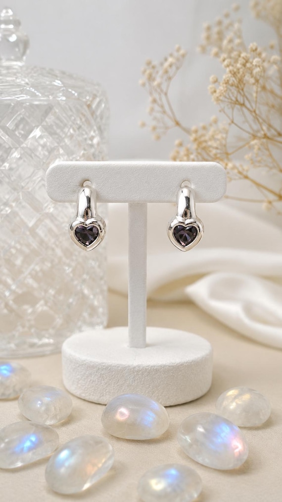 Vintage Silver Amethyst Heart Hoop Earrings